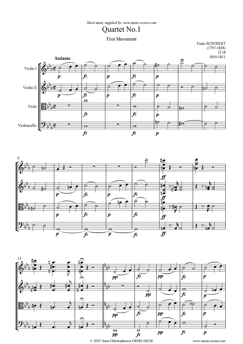 Front page of String Quartet No01 D18: 1st mt: Andante sheet music