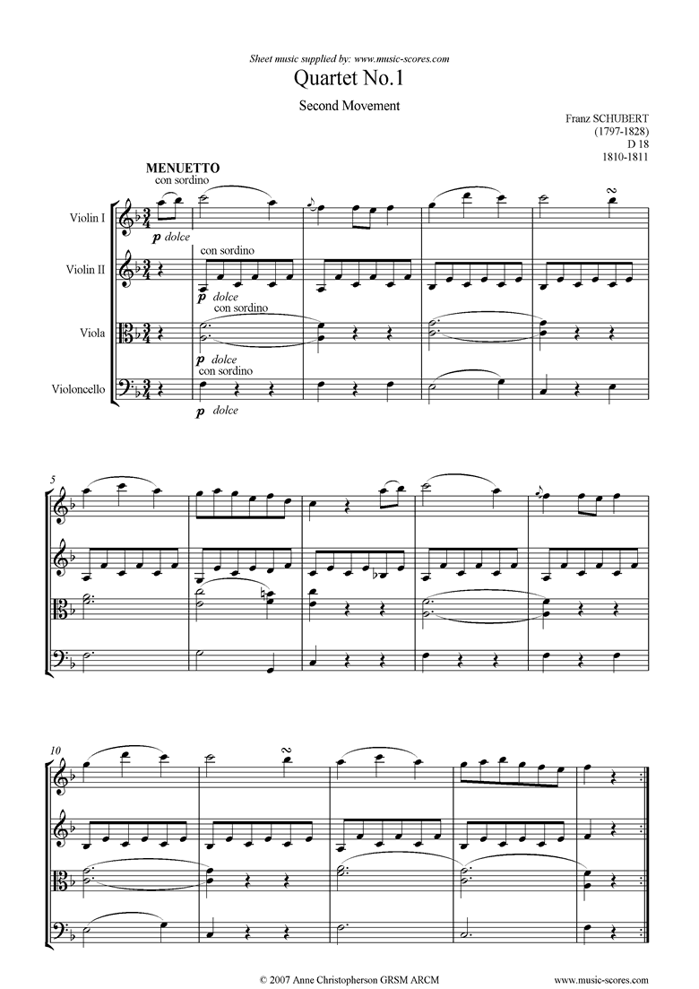 Front page of String Quartet No01 D18: 2nd mt: Minuet and Trio sheet music