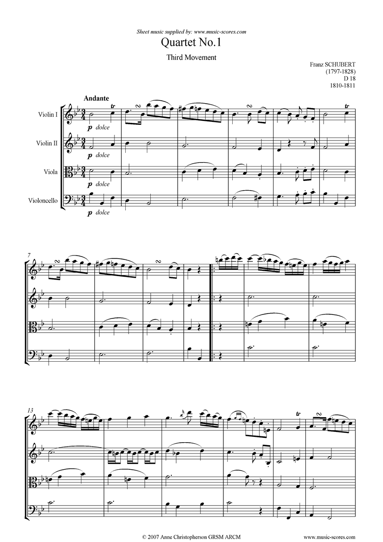 Front page of String Quartet No01 D18: 3rd mt: Andante sheet music