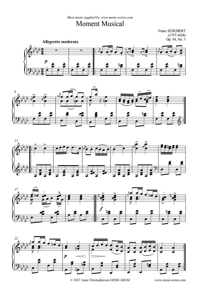 Front page of Moment Musical Op. 94 No. 3 Allegro Vivace sheet music