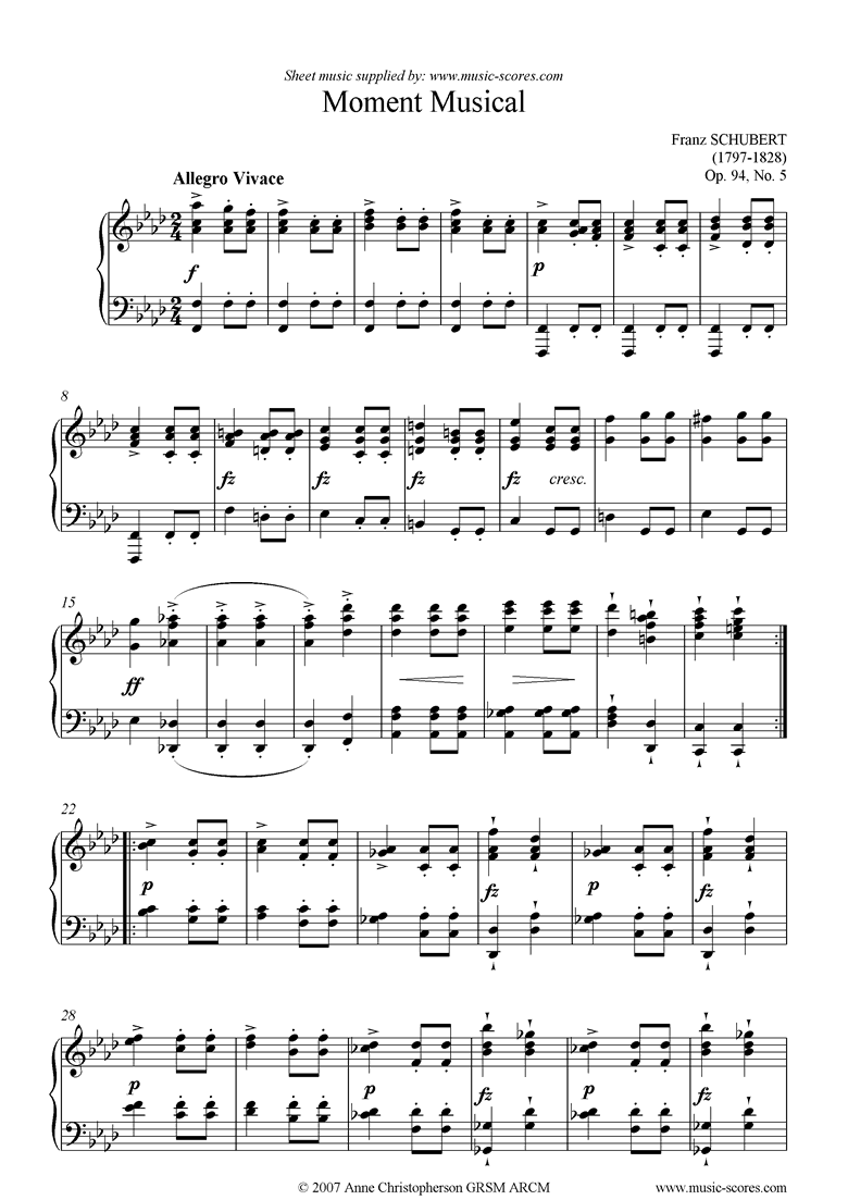 Front page of Moment Musical Op. 94 No. 5 Allegro Moderato sheet music