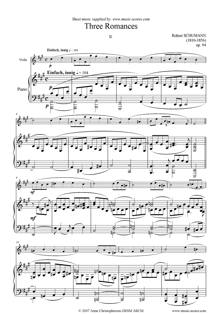 Front page of Op.94: Three Romances: No.2: Violin sheet music