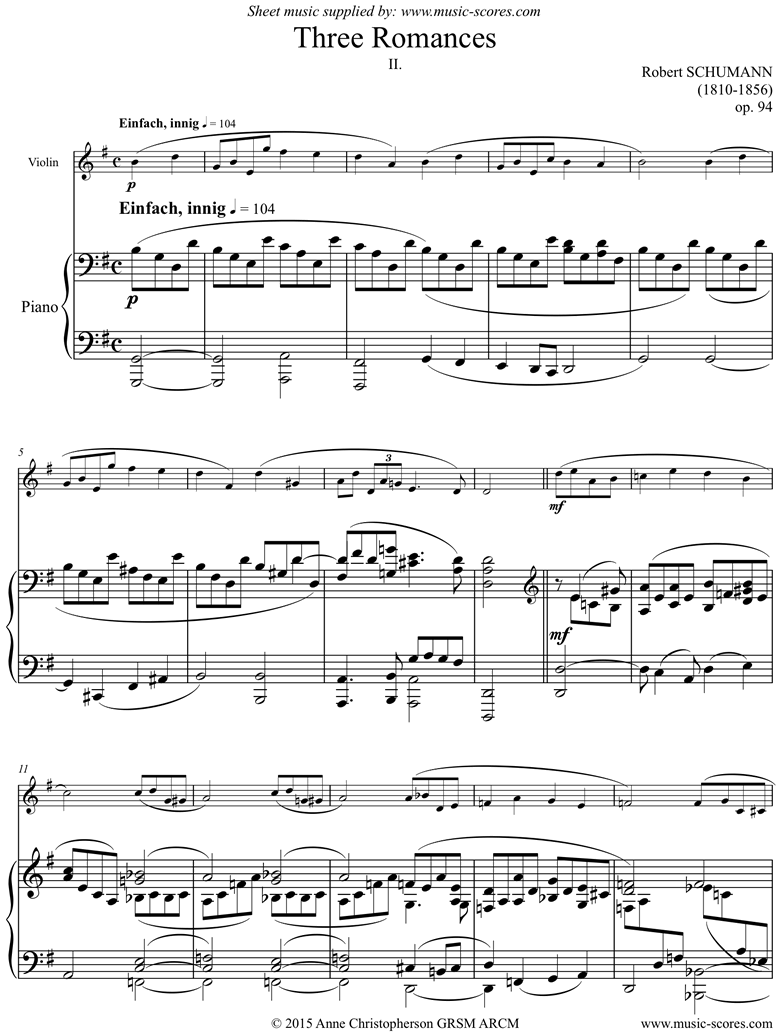 Front page of Op.94: Three Romances: No.2: Violin, G ma sheet music
