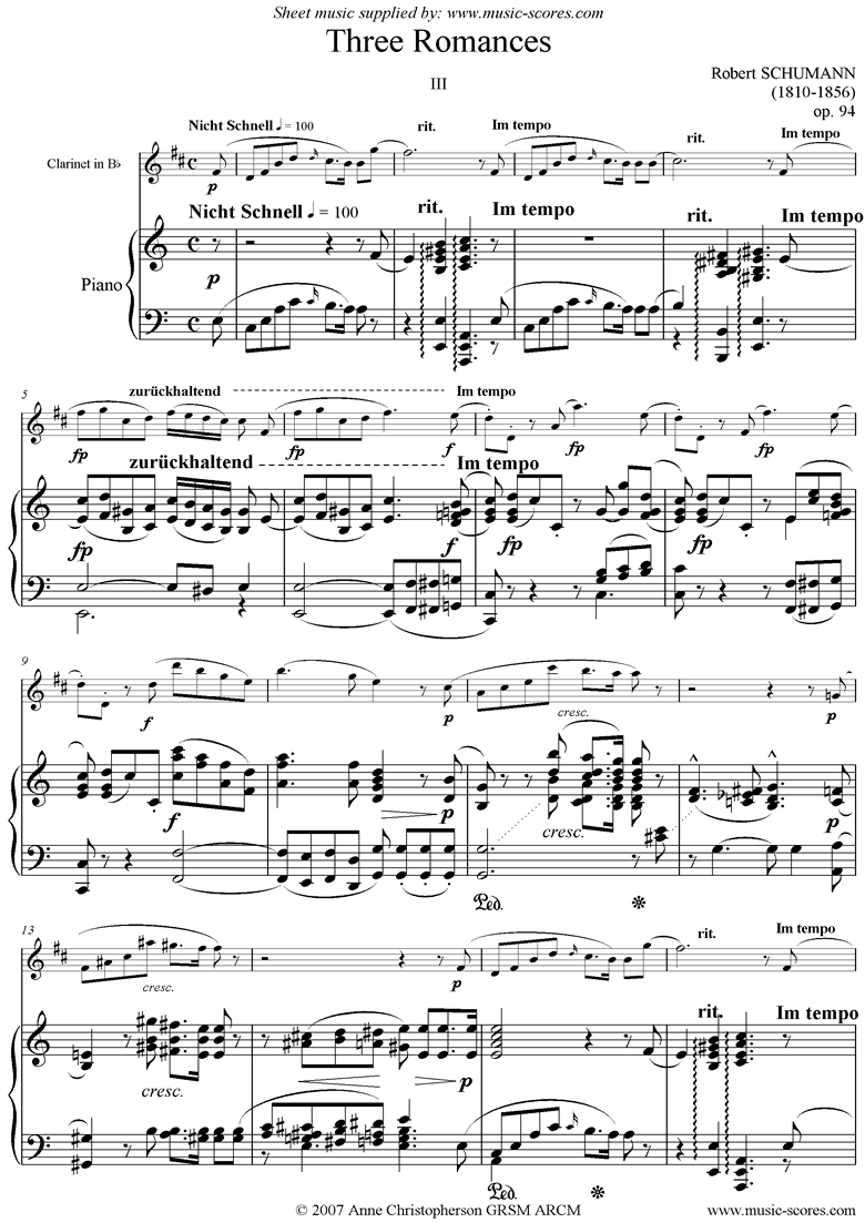 Front page of Op.94: Three Romances: No.3: Clarinet sheet music