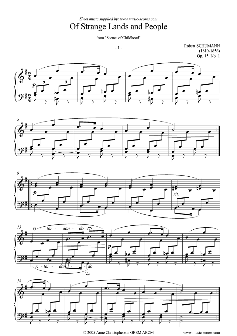 Front page of Op.15: Scenes from Childhood: 01 Strange Lands sheet music