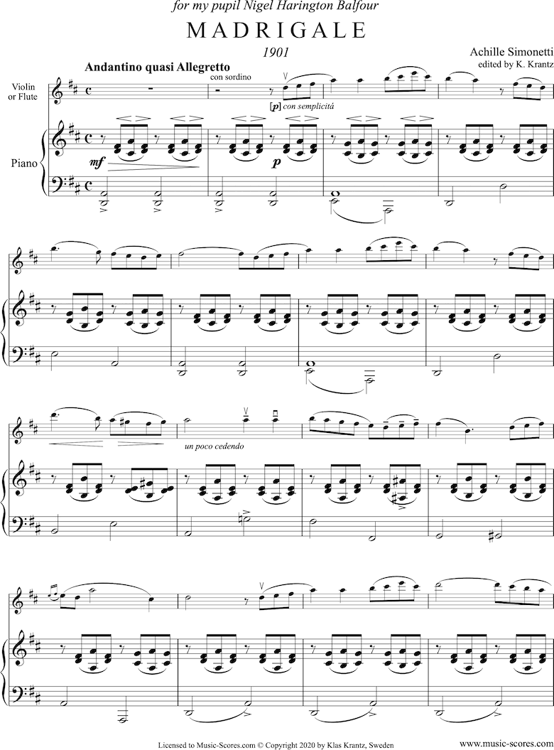 Madrigale: Violin, Piano: D major by Simonetti