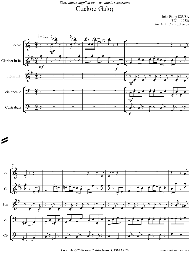 Front page of Cuckoo Galop: piccolo, clarinet, horn, cello, contrabass sheet music