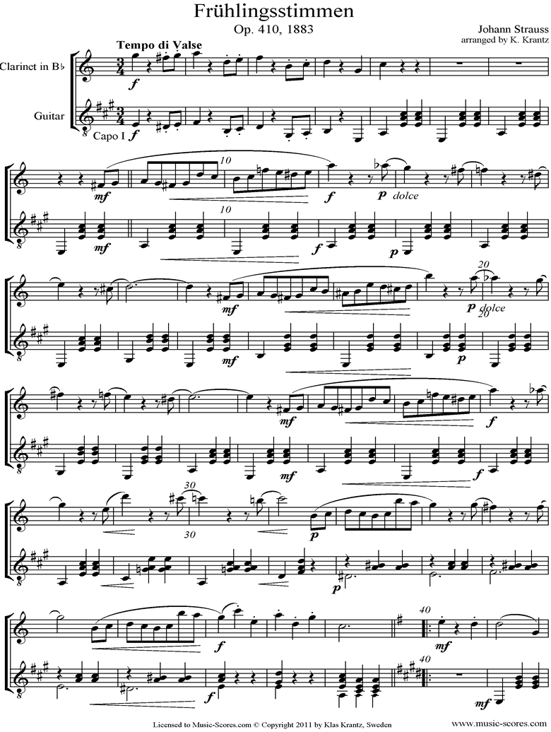 Front page of Op.410 Fruhlingsstimmen: Clarinet, Guitar Capo I sheet music