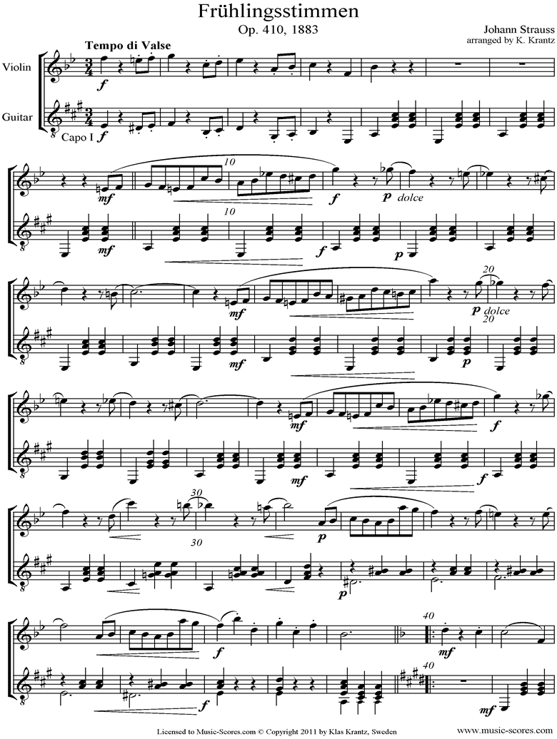 Front page of Op.410 Fruhlingsstimmen: Violin, Guitar sheet music