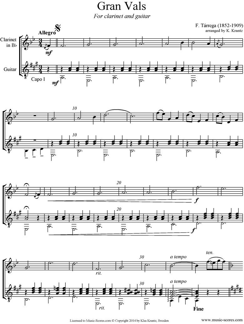 Front page of Gran Vals: Clarinet, Guitar sheet music