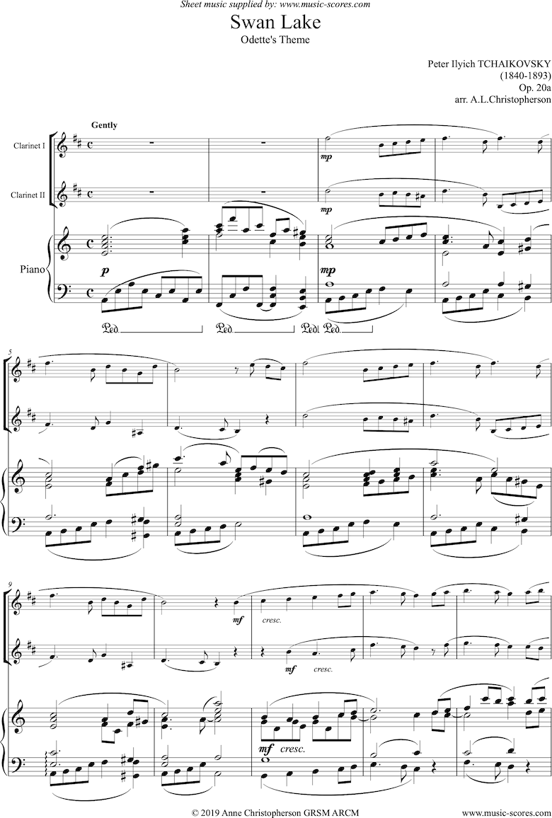 Front page of Theme from Swan Lake: Op. 20a - 2 clarinets, Piano sheet music