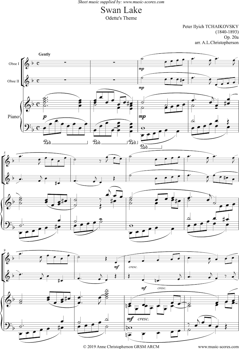 Front page of Theme from Swan Lake: Op. 20a - 2 Oboes, Piano sheet music