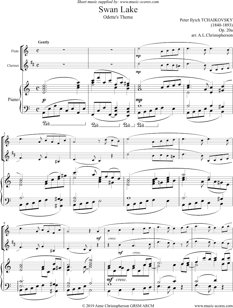 Front page of Odette s Theme from Swan Lake: Op. 20a - Flute, Clarinet, Piano sheet music