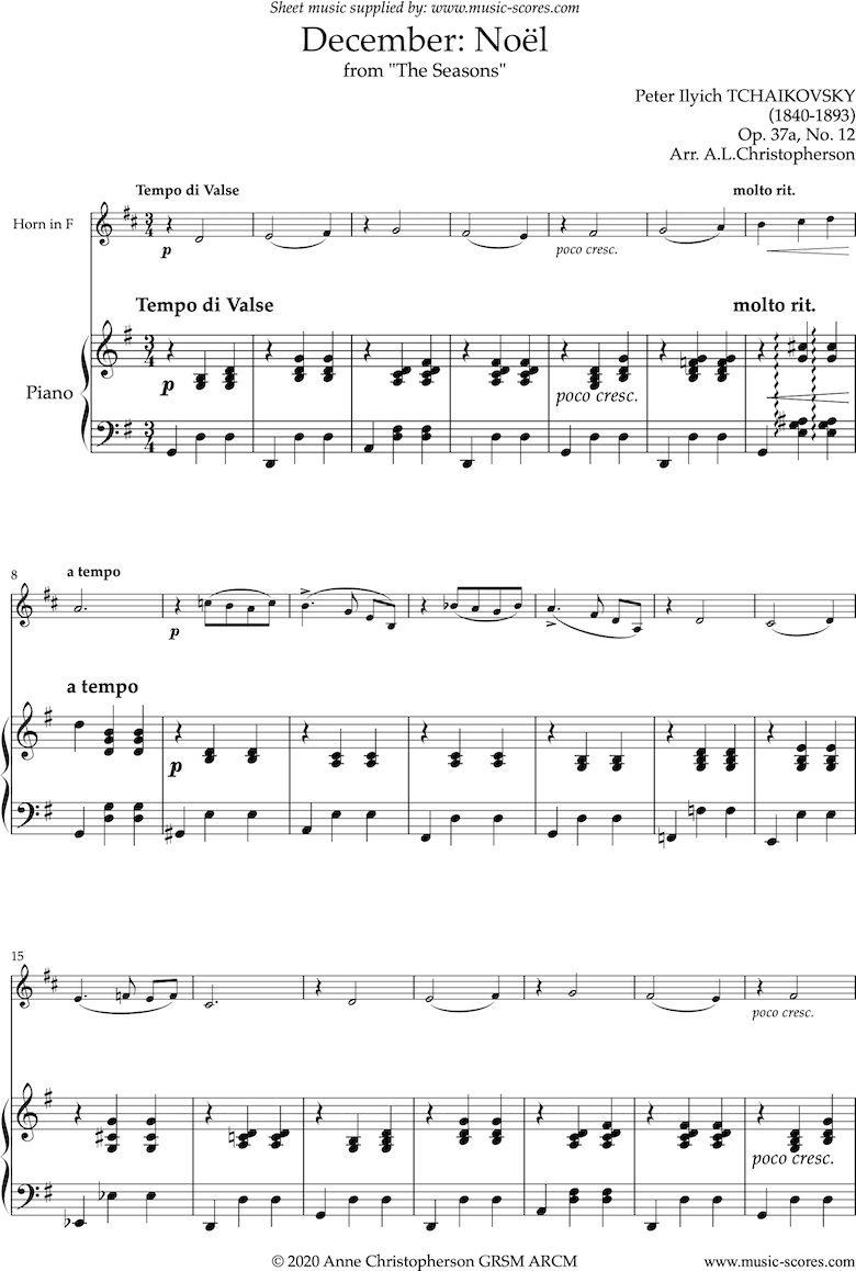 Front page of The Seasons, Op 37: December: Noel: French Horn sheet music