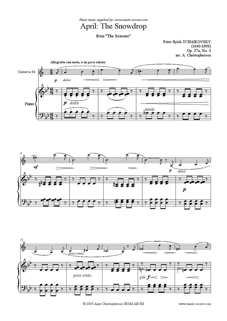 Front page of The Seasons, Op 37: April: The Snowdrop - Clarinet sheet music