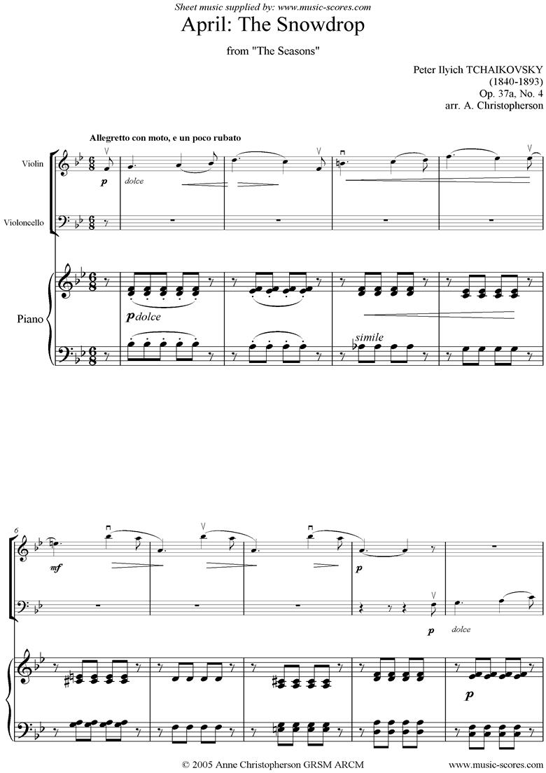 Front page of The Seasons, Op 37: April: The Snowdrop - Vn, Vc sheet music