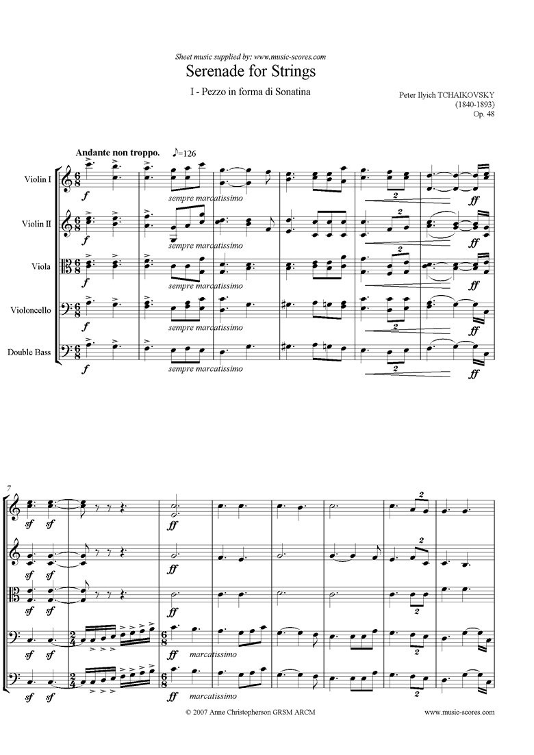 Front page of Op.48: Serenade for Strings, 1st mvt: Andante sheet music