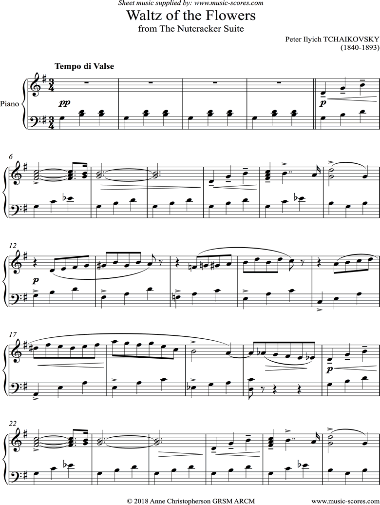 Front page of Nutcracker Suite: Waltz of The Flowers: Short version: Piano sheet music