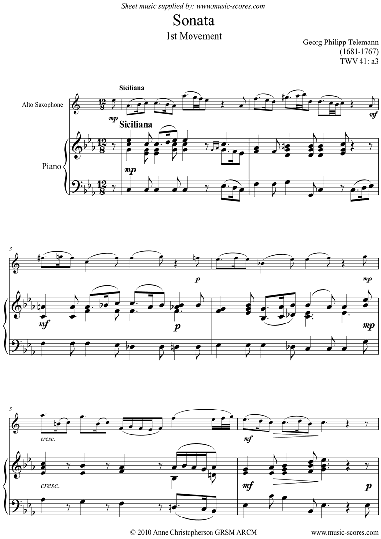 Front page of Sonata TWV41,a3 1st mvt Alto Sax sheet music