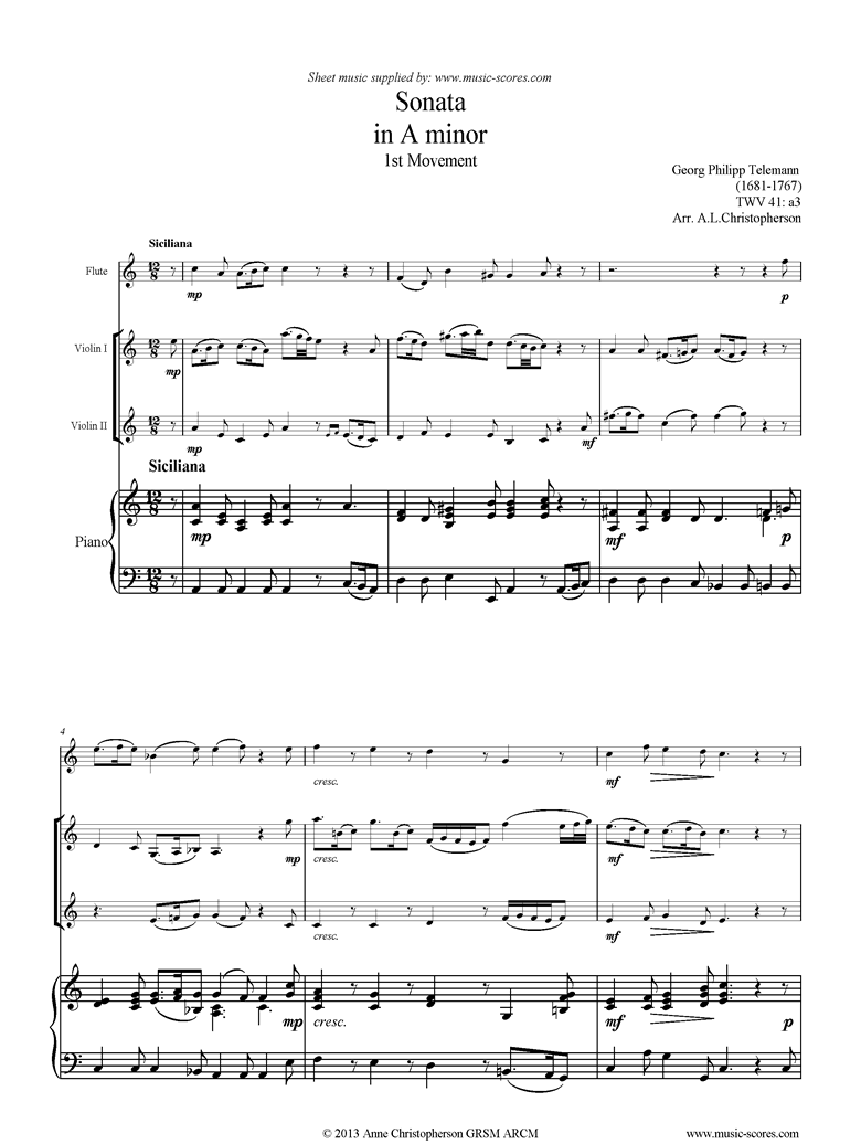 Front page of Sonata TWV41,a3 1st mvt Fl 2Vns Pno sheet music