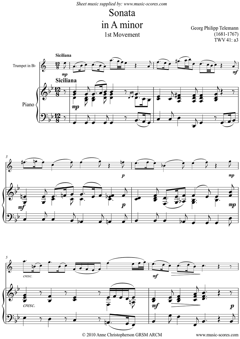 Front page of Sonata TWV41,a3 1st mvt Trumpet sheet music