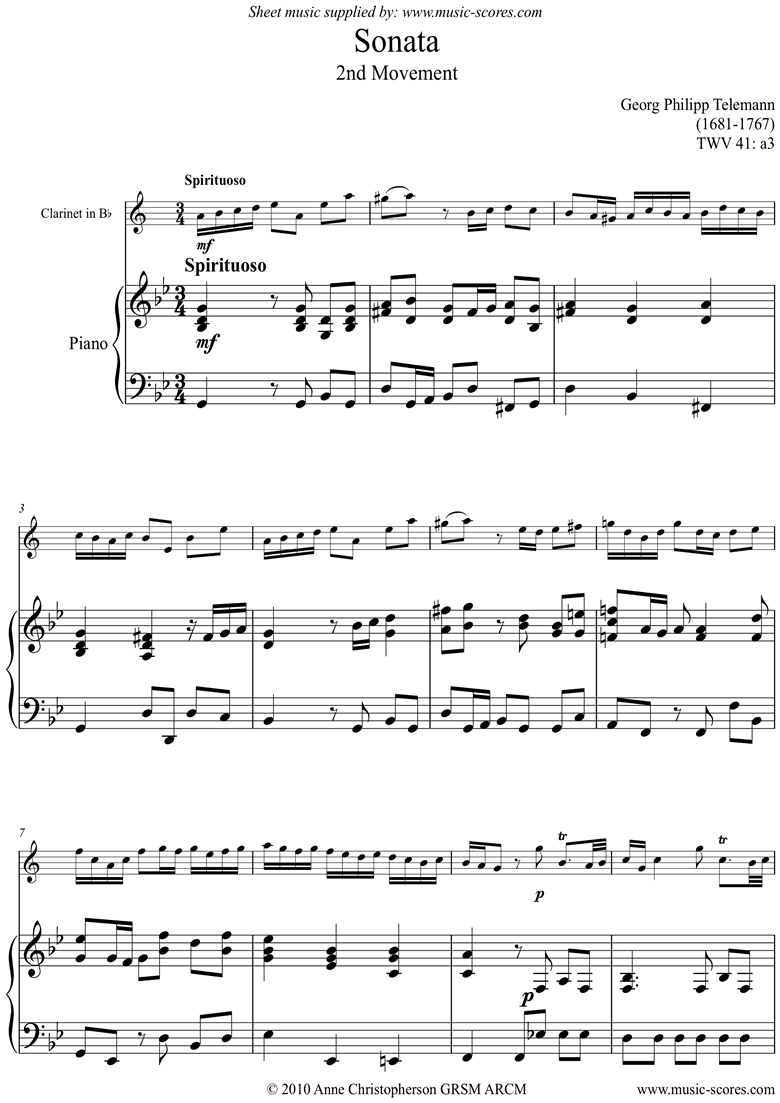 Front page of Sonata TWV41,a3 2nd mvt Clarinet sheet music