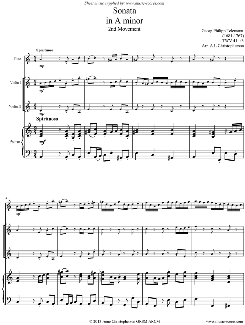 Front page of Sonata TWV41,a3 2nd mvt Fl 2Vns Pno sheet music
