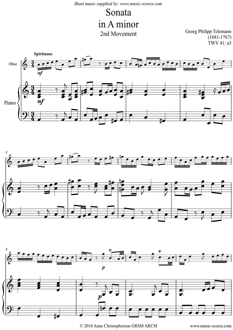 Front page of Sonata TWV41,a3 2nd mvt Oboe sheet music