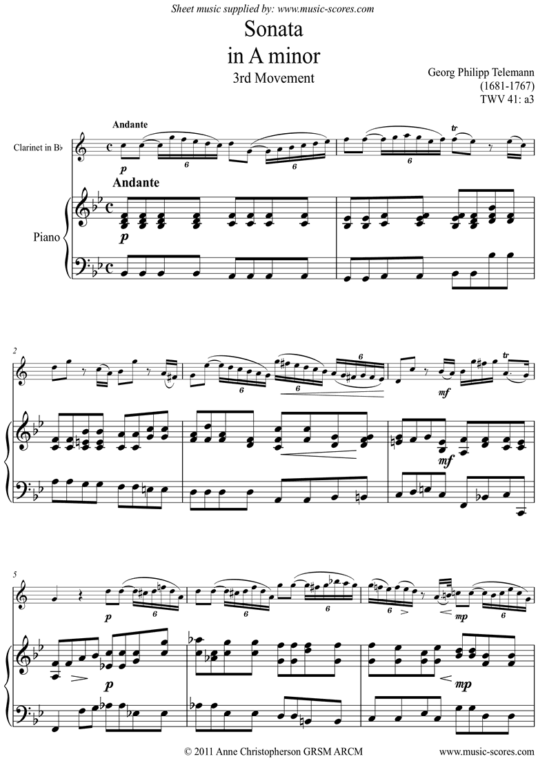 Front page of Sonata TWV41,a3 3rd mvt Clarinet sheet music