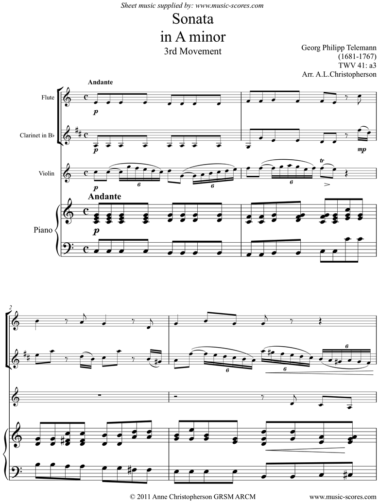 Front page of Sonata TWV41,a3 3rd mvt Fl Cl Vn Pno sheet music