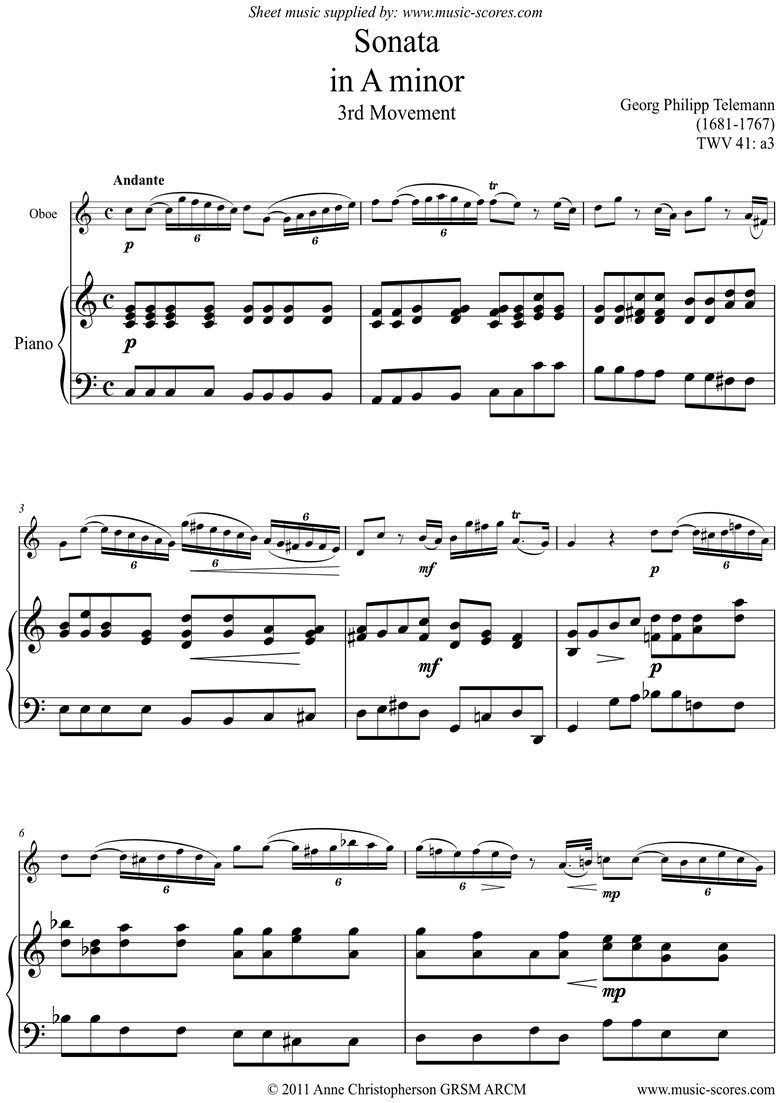 Front page of Sonata TWV41,a3 3rd mvt Oboe sheet music