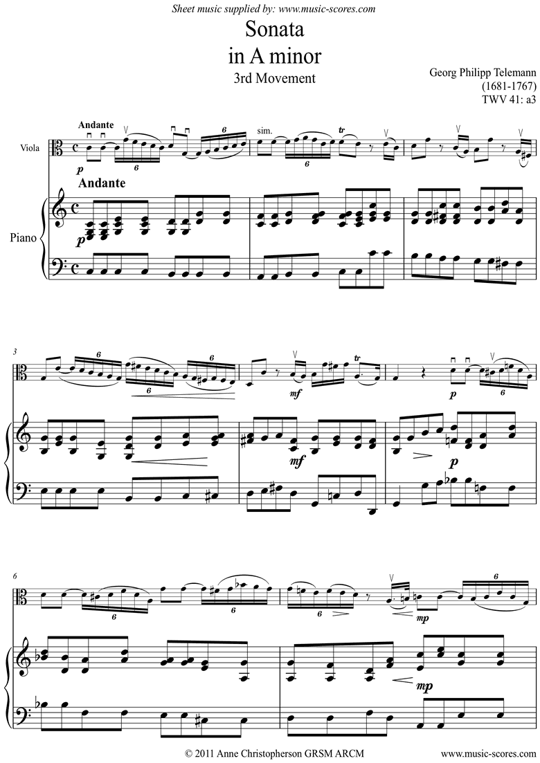 Front page of Sonata TWV41,a3 3rd mvt Viola sheet music
