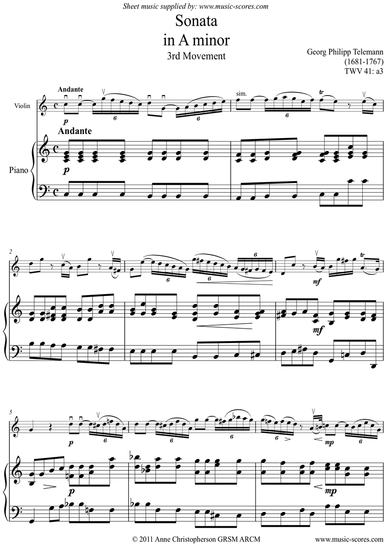 Front page of Sonata TWV41,a3 3rd mvt Violin sheet music