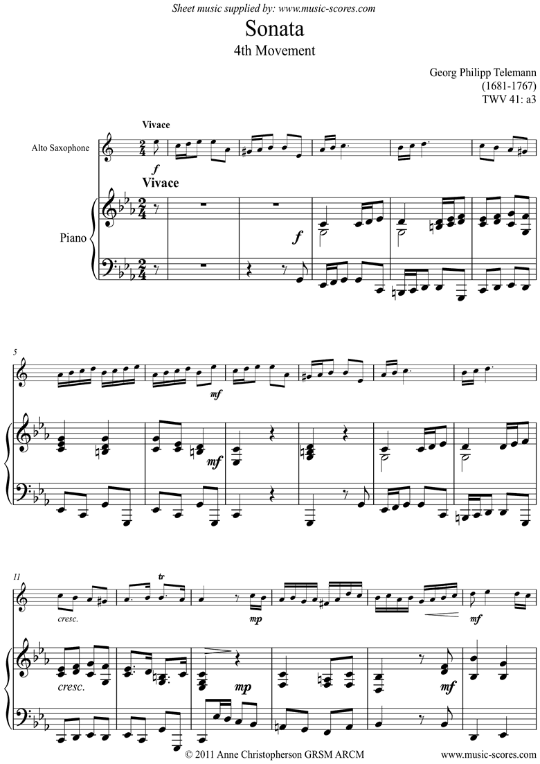 Front page of Sonata TWV41,a3 4th mvt Alto Sax sheet music