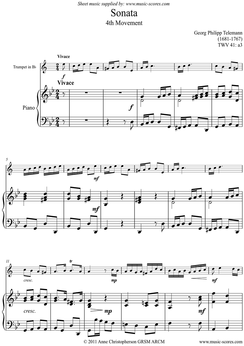 Front page of Sonata TWV41,a3 4th mvt Trumpet sheet music
