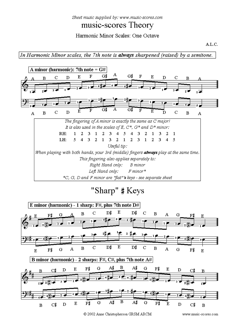 Front page of Harmonic Minor Scales: A, E, B, F#, C#, G# and D# sheet music