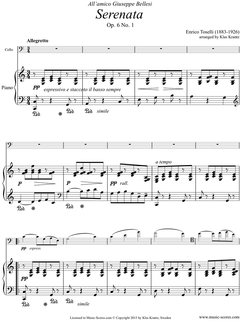 Front page of Op.6, No.1: Serenata Rimpianto: Cello, Piano: C ma sheet music