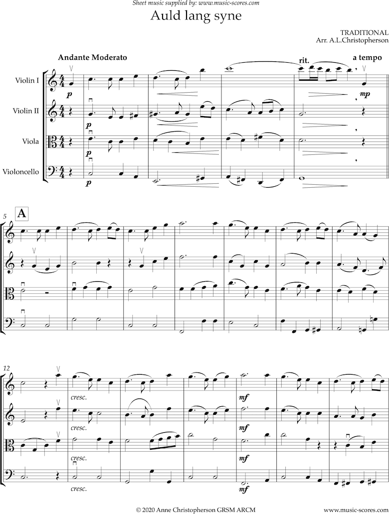 Front page of Auld Lang Syne: long: String Quartet sheet music