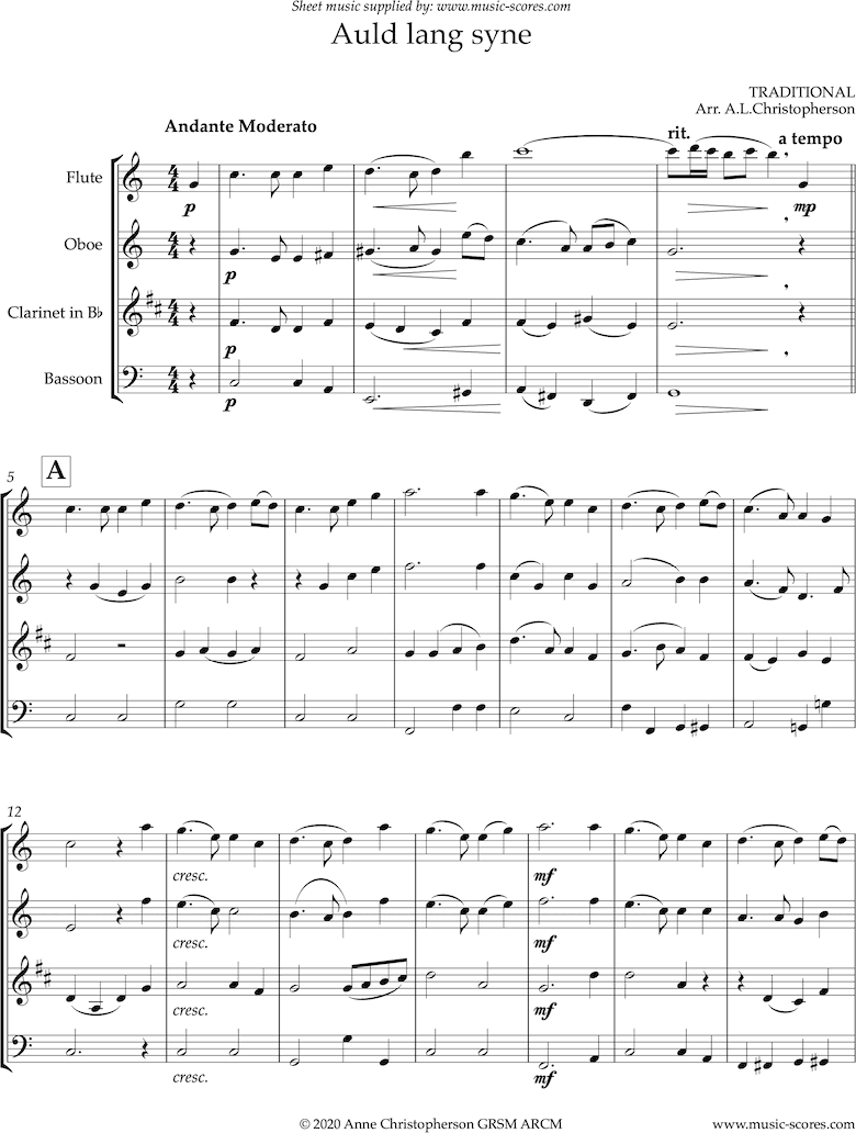 Front page of Auld Lang Syne: longer: Wind Quartet sheet music