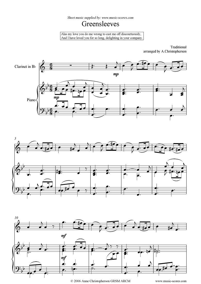 Front page of Greensleeves: Clarinet sheet music