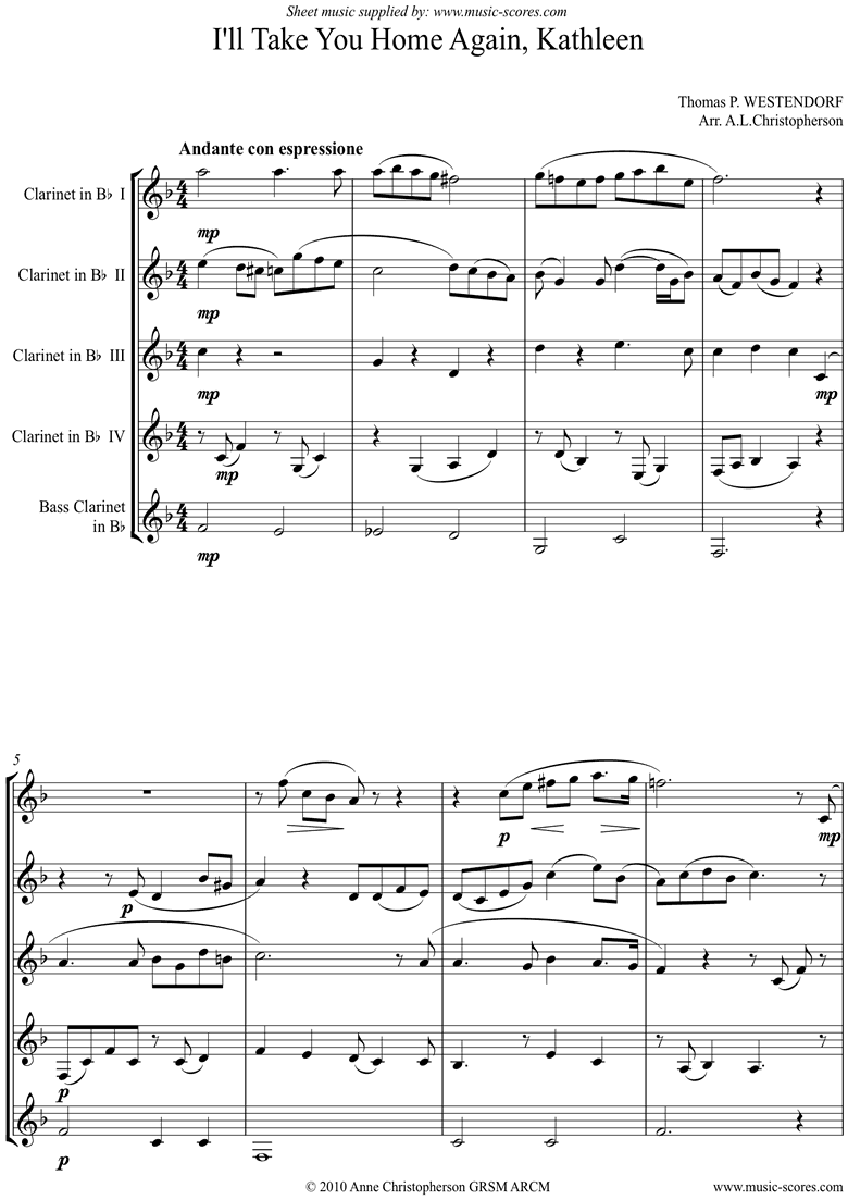 Front page of I will Take you Home Kathleen: Clarinet Quintet sheet music