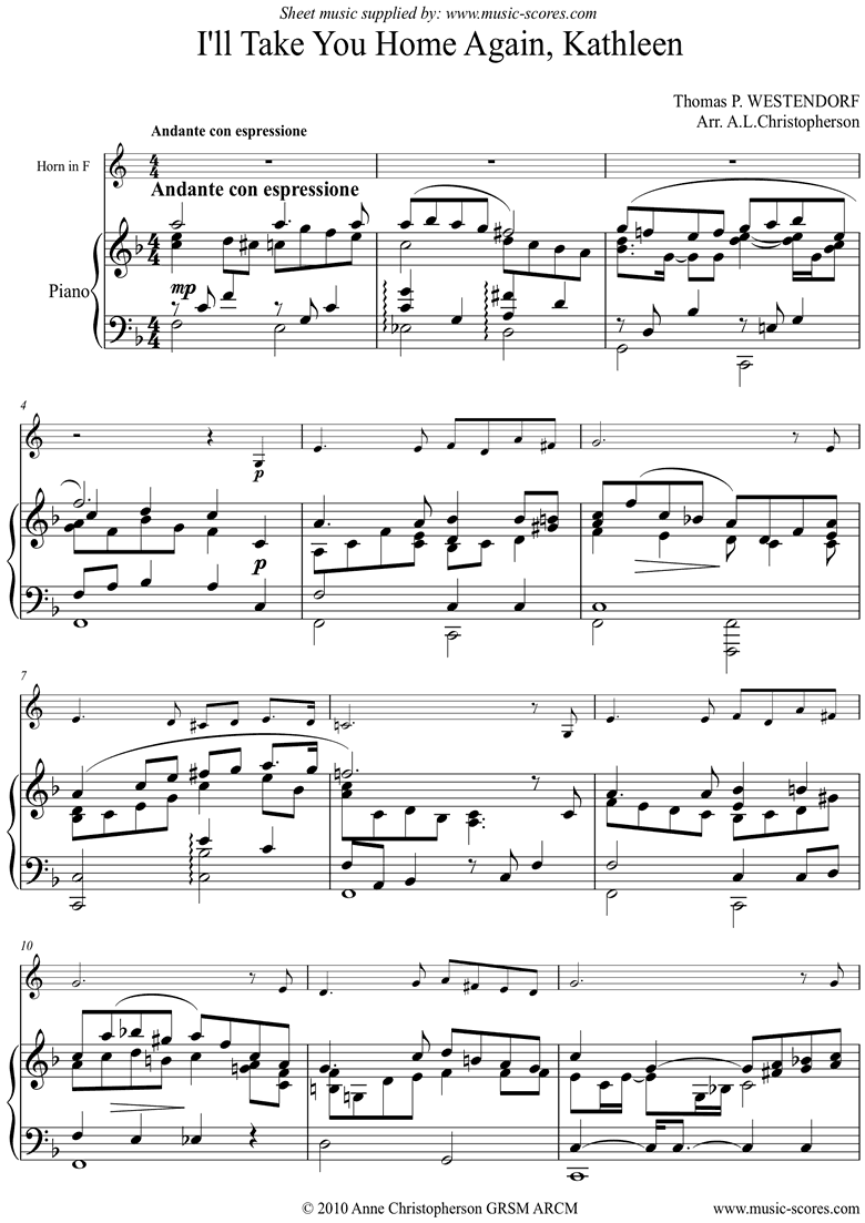 Front page of I will Take you Home Kathleen: French Horn sheet music