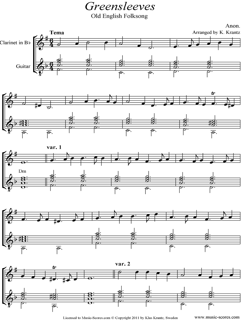 Front page of Greensleeves: Clarinet, Guitar sheet music