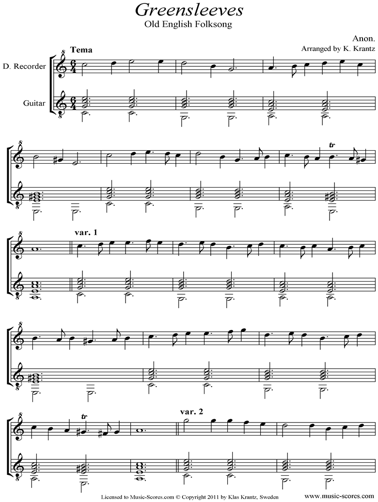 Front page of Greensleeves: Descant Recorder, Guitar sheet music