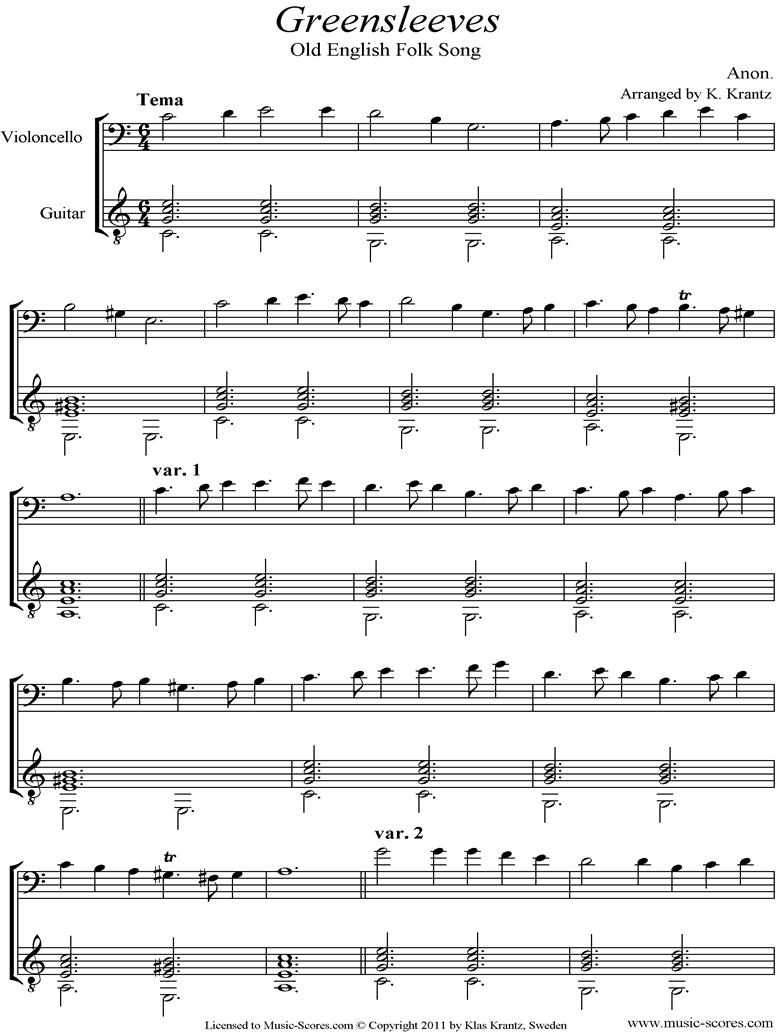 Front page of Greensleeves:  Cello, Guitar sheet music