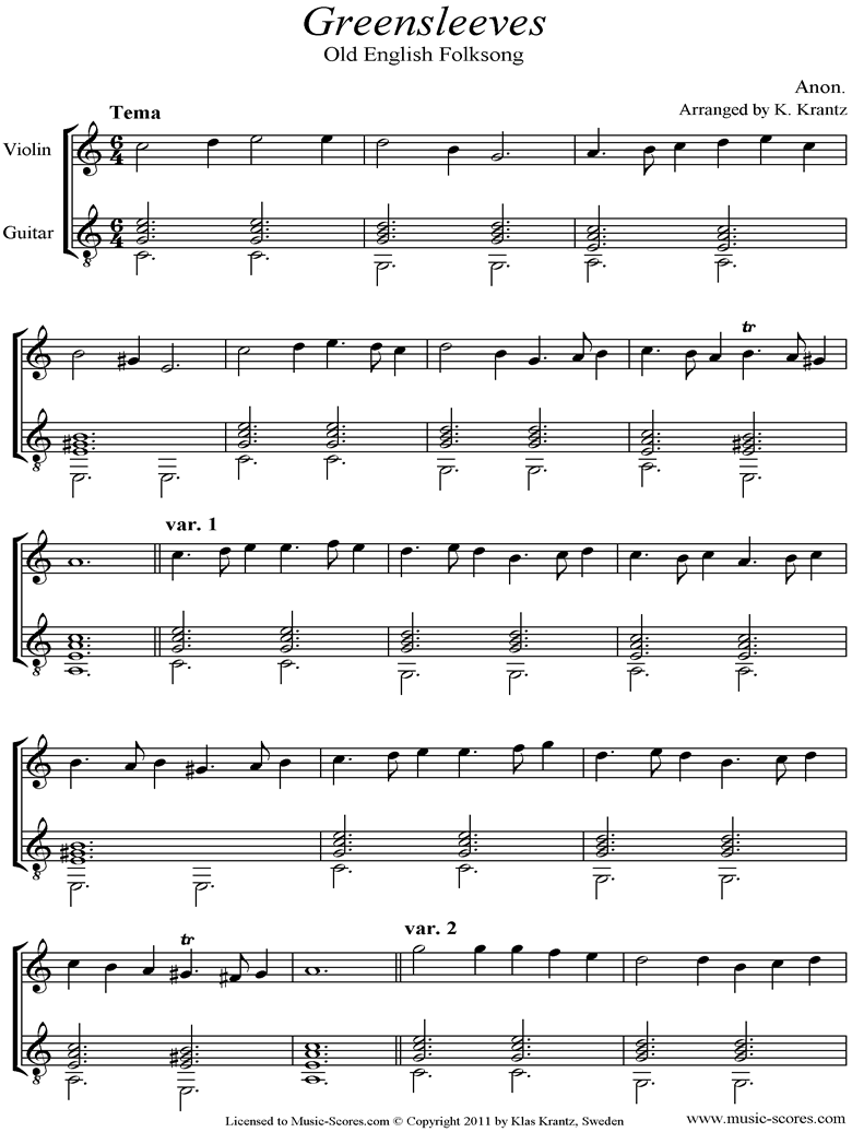 Front page of Greensleeves:  Violin, Guitar sheet music