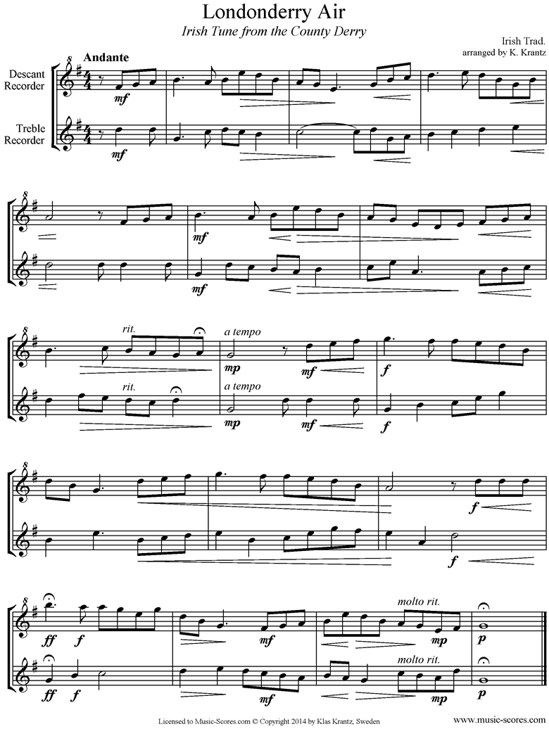 Front page of Danny Boy: I Cannot Tell: Londonderry Air: Descant, Treble Recorders sheet music