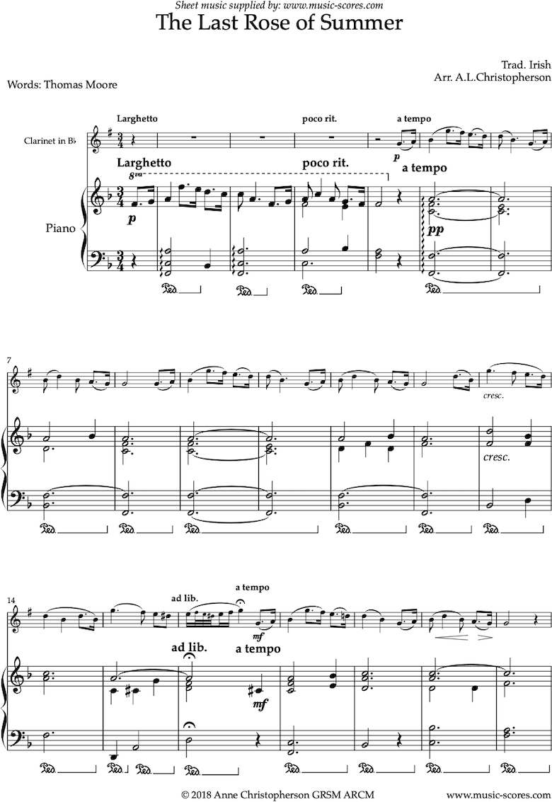 Front page of The Last Rose of Summer: Clarinet sheet music