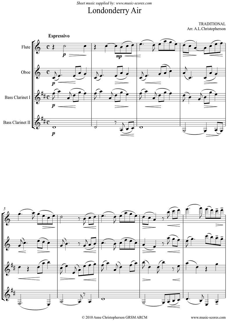 Front page of Danny Boy: I Cannot Tell: Londonderry Air: Flute, Oboe, 2 Bass Clarinets sheet music
