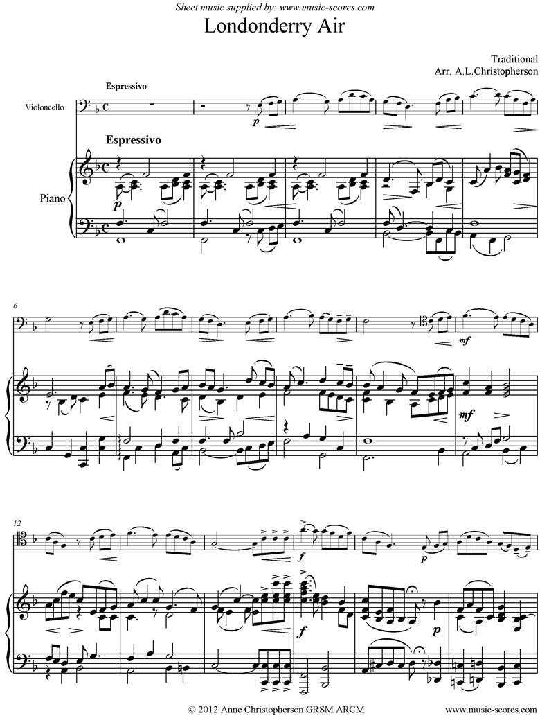Front page of Danny Boy: I Cannot Tell: Londonderry Air: Cello and Piano sheet music